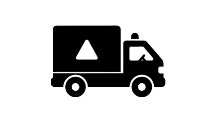 Fototapeta premium Minimal black silhouette icon, simple flat vector, bold black shape, no, no shading emergency delivery truck icon with warning triangle, on a, flat icon style
