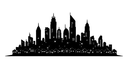 Obraz premium Minimal black silhouette icon, simple flat vector, bold black shape, no, no shading modern city skyline silhouette with smart network technology, on a, flat icon style
