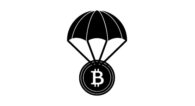 Minimal black silhouette icon, simple flat vector, bold black shape, no, no shading bitcoin cryptocurrency coin falling with a parachute on a, flat icon style