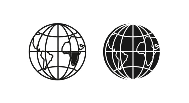 Minimal black silhouette icon, simple flat vector, bold black shape, no, no shading set of two globe icons with world map silhouettes on a, flat icon style