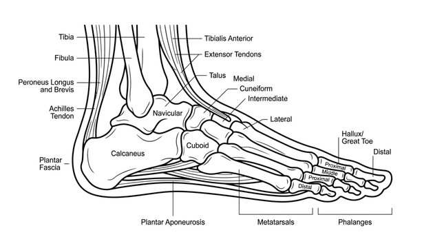 Detailed Anatomical Diagram of the Human Foot and Ankle Bones.