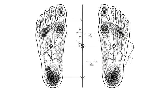Detailed anatomical diagram of human feet with skeletal and pressure points.