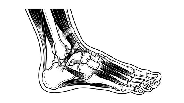 Detailed anatomical illustration of the human foot and ankle bones.
