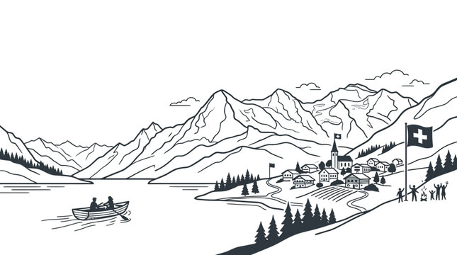 Swiss Alps Village Lakeside Landscape with Rowboat and Flag