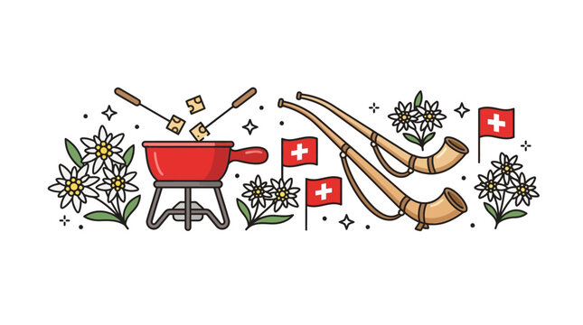 Swiss Fondue and Alphorn Illustration: Culture, Tradition, and Alpine Charm