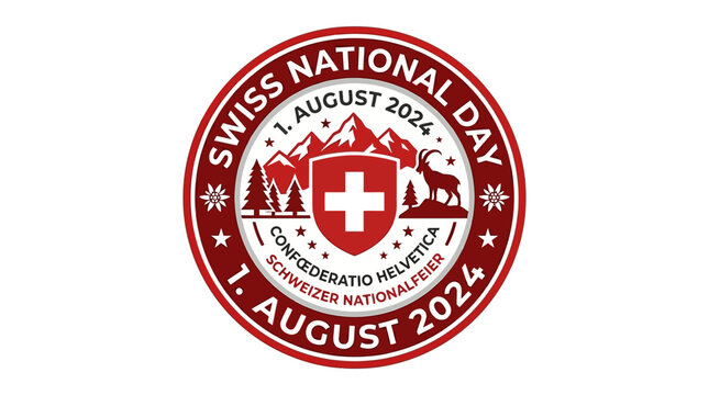 Swiss National Day 1 August 2024 Emblem: Mountains, Flag, Ibex, Stars