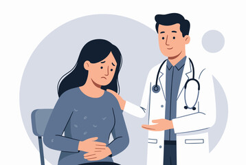 Fototapeta premium Empathetic male doctor in a white coat comforting a sad female patient during a medical consultation in a clinic.