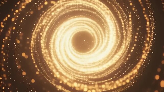 Glowing golden particles swirling in a mesmerizing vortex animation create a beautiful deep space galaxy effect with bright radiant light and fluid motion transitions for modern digital background vid