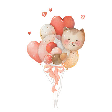 Watercolor hand-drawn card with bouquet of cute balloons with cat, hearts and bow. Isolated design concept for decoration childish party, holiday, greeting or invitation cards, banner or textile print