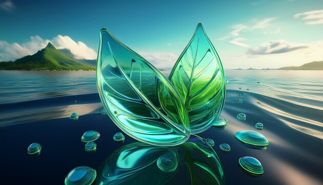 frutiger aero 3d glass leaf emblem with water drops over tropical futuristic island