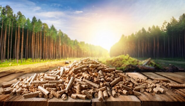 wood pellet production impact deforestation scene with pile of pellets in forest