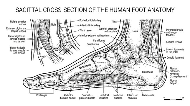 Sagittal Cross Section of the Human Foot Anatomy Detailed Medical Illustration.