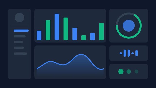 Modern digital dashboard displaying various data visualizations including bar charts, a line graph, and circular indicators on a dark background, representing advanced technology and analytical