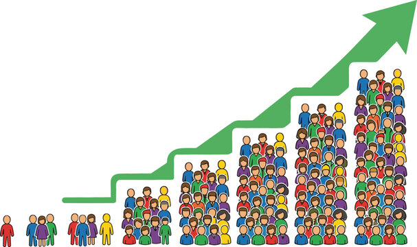 Population Growth Bar Chart Vector Concept Showing Demographic Increase, Crowd Statistics, Community Development, and Business Success Arrow