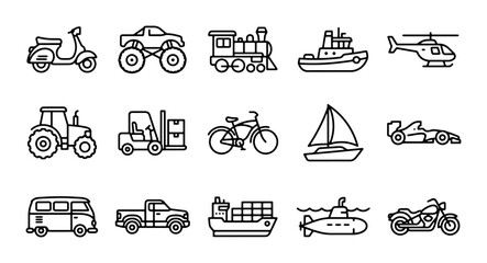 15 Transportation Icons Set: Vehicle Line Art Collection for Logistics and Travel © Sumaiya