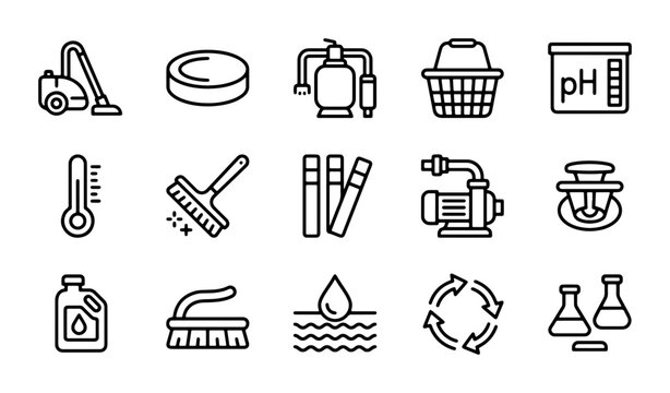 Pool Maintenance Icons: Cleaning, Testing, and Water Treatment Vector Set