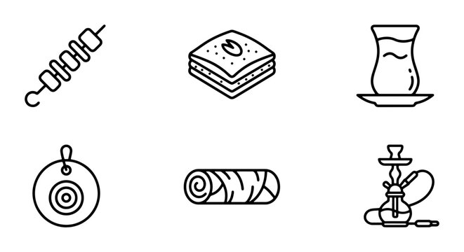 Middle Eastern Food Icons: Baklava, Kebab, Turkish Tea, Hookah, Nazar, Rolled Pastry