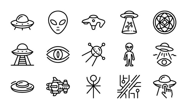Alien UFO Icons, Extraterrestrial Spaceship Symbols, Sci-Fi Vector Graphics Set