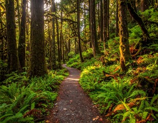 Fototapeta premium A serene forest path with lush greenery and tall trees