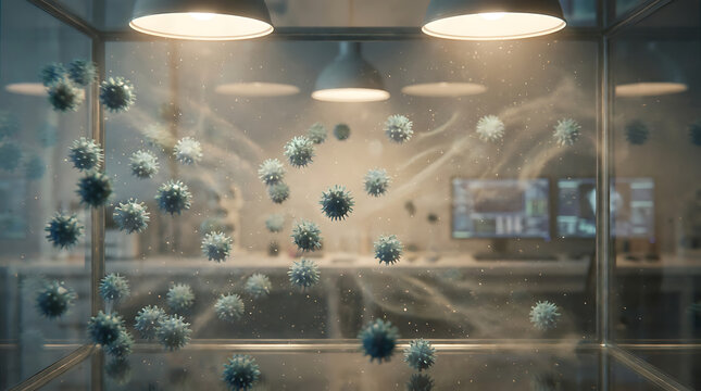 A highly detailed 3d rendering of blue virus particles floating in the air inside a glass enclosed office cubicle with bright overhead lighting and a blurred background