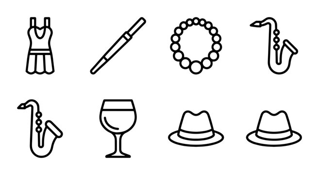 Art Deco Icons: Flapper Dress, Saxophone, Pearls, Fedora, Cocktail Glass Vector Set