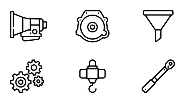 Industrial Icons: Megaphone, Gearbox, Funnel, Gears, Hoist, Torque Wrench, Vector Set