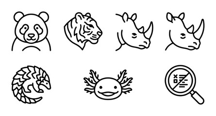 Cute Animal Icons Set: Panda, Tiger, Rhino, Pangolin, Axolotl, Magnifying Glass Search © Nazma