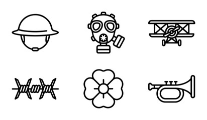 World War 1 Icons: Helmet, Gas Mask, Biplane, Barbed Wire, Poppy, Bugle © Nazma