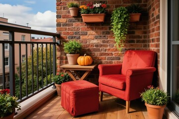 Obraz premium Red armchair with ottoman sits on wooden balcony floor. Potted plants and pumpkin decorate brick wall terrace. City buildings view from outdoor seating area.