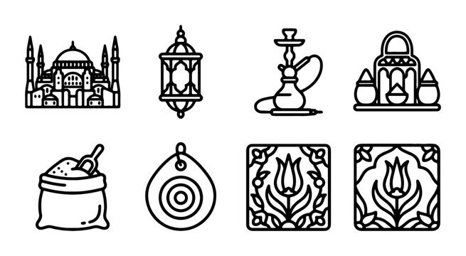 Islamic Culture Icons: Mosque, Hookah, Lanterns, Spice Bag, Nazar, Tulips, Vector Set
