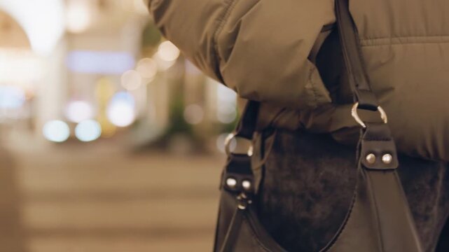 Handbag hanging from puffer jacket strap, shoulder carry in city night, leather handle and metal rings gleam in bokeh lights, coat fabric and bag texture emphasized, casual commuter vibe, fashion