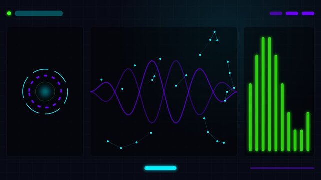 Futuristic digital interface displaying complex data visualization with dynamic sine waves, a circular processing graphic, and a vibrant green bar graph on a dark technology background