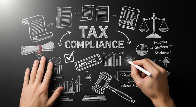 Tax compliance concept illustrated with drawings on a blackboard, including a gavel, scales of justice, charts, documents and a person's hand writing