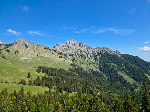 Austria, Magnificent rocky alpine panorama overlooking green landscapes forests and endless mountain valley beauty on hahnenkamm