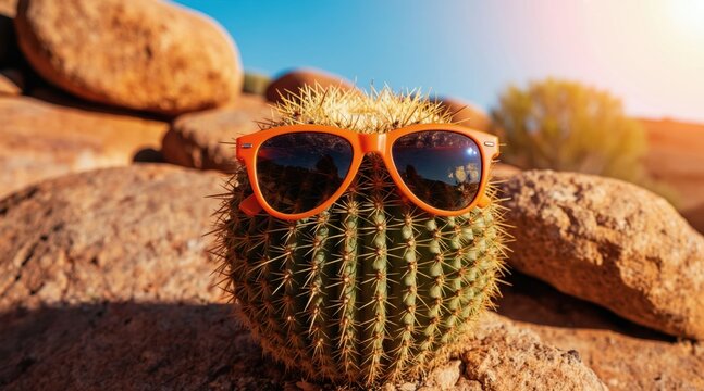 Spiky cactus wears bright orange sunglasses in a hot, dry desert. Rocks and scrubby plants surround it under a clear, sunny sky. This image conveys a cool, relaxed summer feeling.