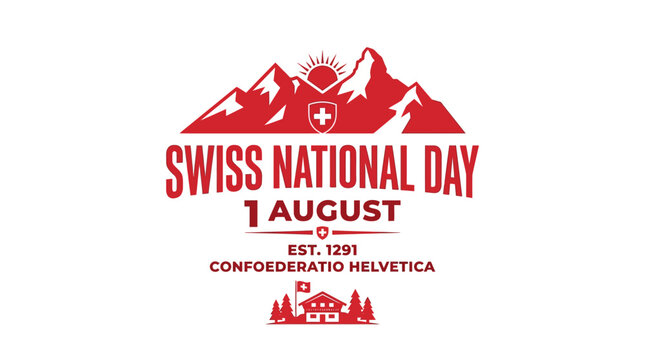 Swiss National Day 1 August Celebration Mountains Flag Emblem Vector
