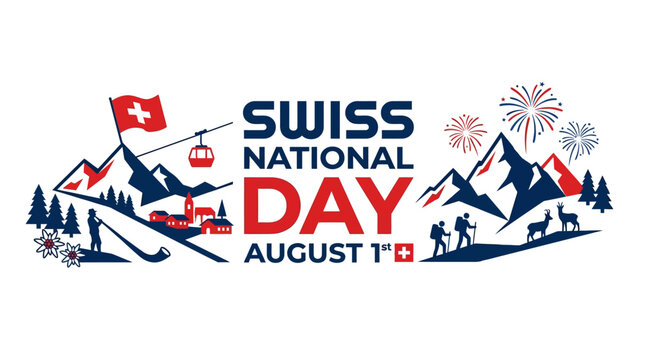 Swiss National Day August 1st Celebration with Mountains, Flag, and Fireworks