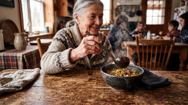 Happy Senior Woman Serving Steaming Homemade Vegetable Soup to Family