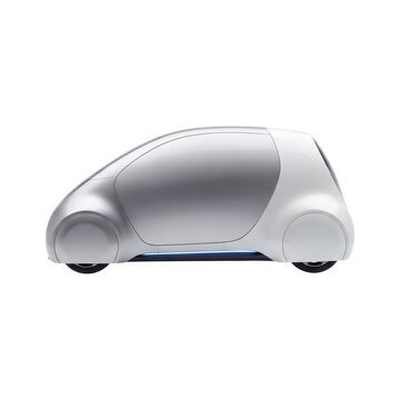 Electric self-driving robocar in silver and white with a blue LED underglow strip isolated on transparent background