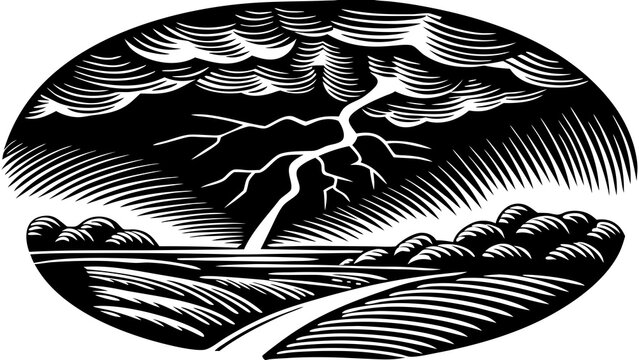 Black and white woodcut illustration of single lightning strike over countryside path in oval with lightning illustration engraving landscape countryside electricity dramatic striking textured