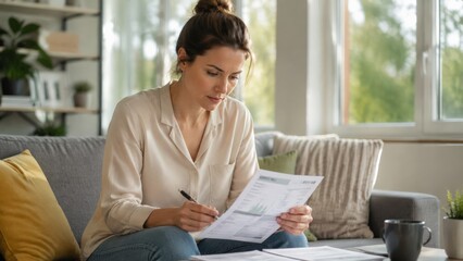 Obraz premium Woman holding pen and document sitting on sofa in living room.