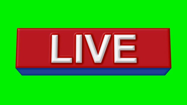 Live stream text 3d icon sign bold white font on red and blue block button with green screen background chroma key for sports broadcast video overlay.