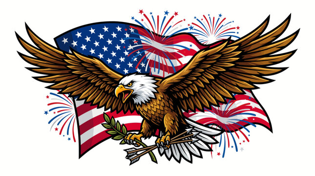 American bald eagle with flag and fireworks
