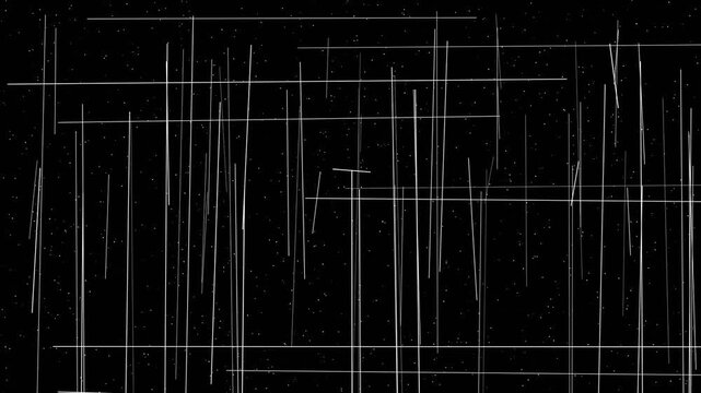 Digital glitch lines with glowing white streaks flickering in horizontal and vertical patterns on a black background for cinematic overlay
