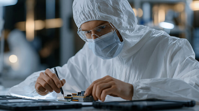 An industrial control systems forensics engineer in protective gear examines a compromised programmable logic controller recovered from a manufacturing plant attack in a cleanroom