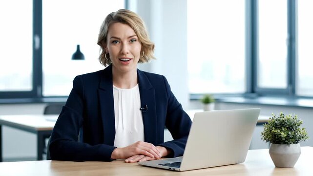 Office businesswoman using laptop, business woman video