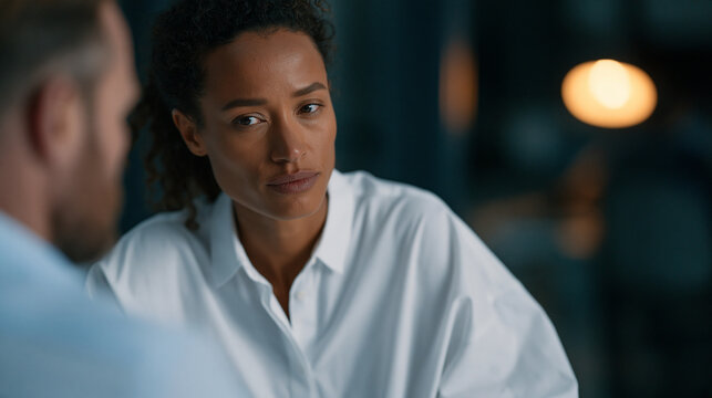A fraud investigator at a telecom company interviews a distressed middle-aged SIM swapping victim in a quiet private office while reviewing account takeover logs on a desktop