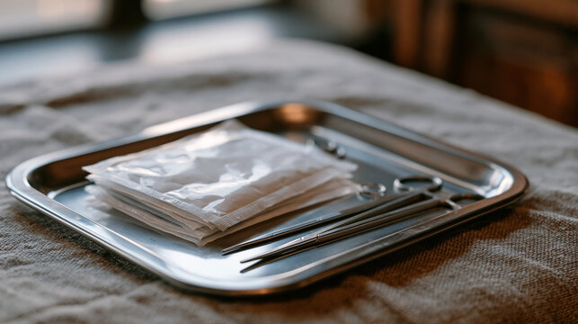 Piercing studio sterile setup on a steel tray showing sealed needle packets, forceps, and a titanium implant-grade earring, professional body piercing preparation, hygienic