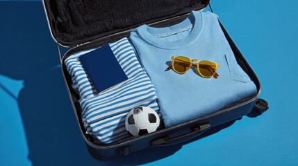 Open suitcase packed with clothes, passport, sunglasses, and a mini soccer ball