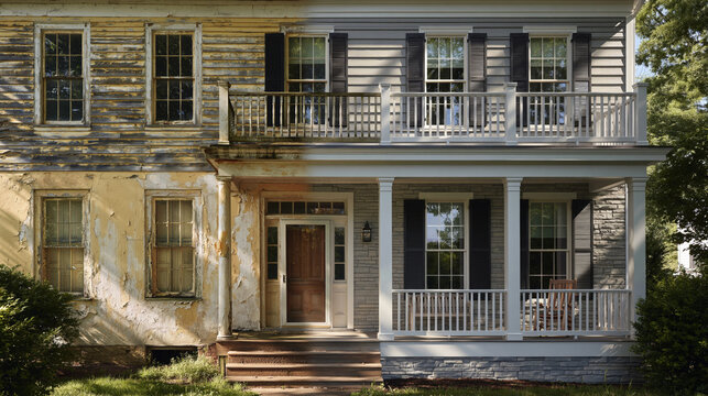 Before and after diptych of a colonial style house renovation. Weathered facade and rotten balcony upgraded with gray fiber cement siding, new white porch railings, columns, and shutters